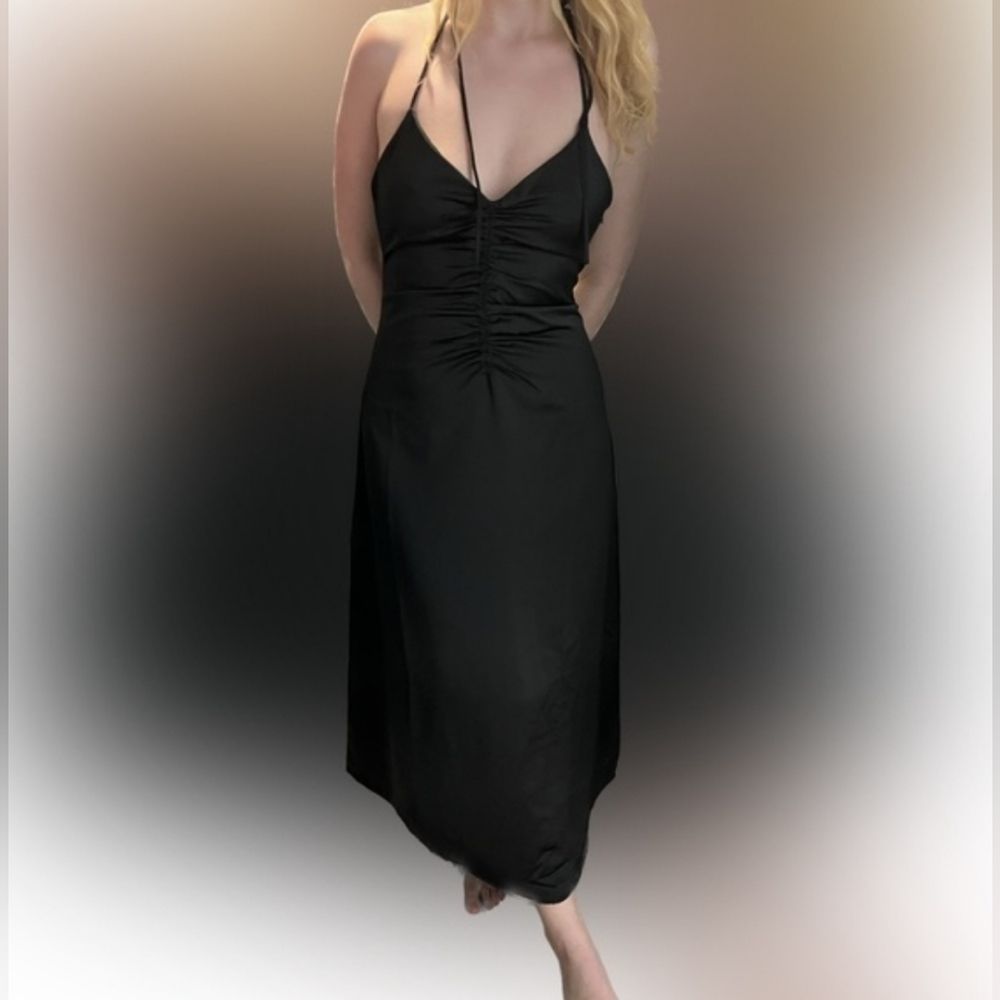 Jason Wu Black Ruched Satin Midi Gown Slip Dress W/Open Strappy Back NWT Sz.S
